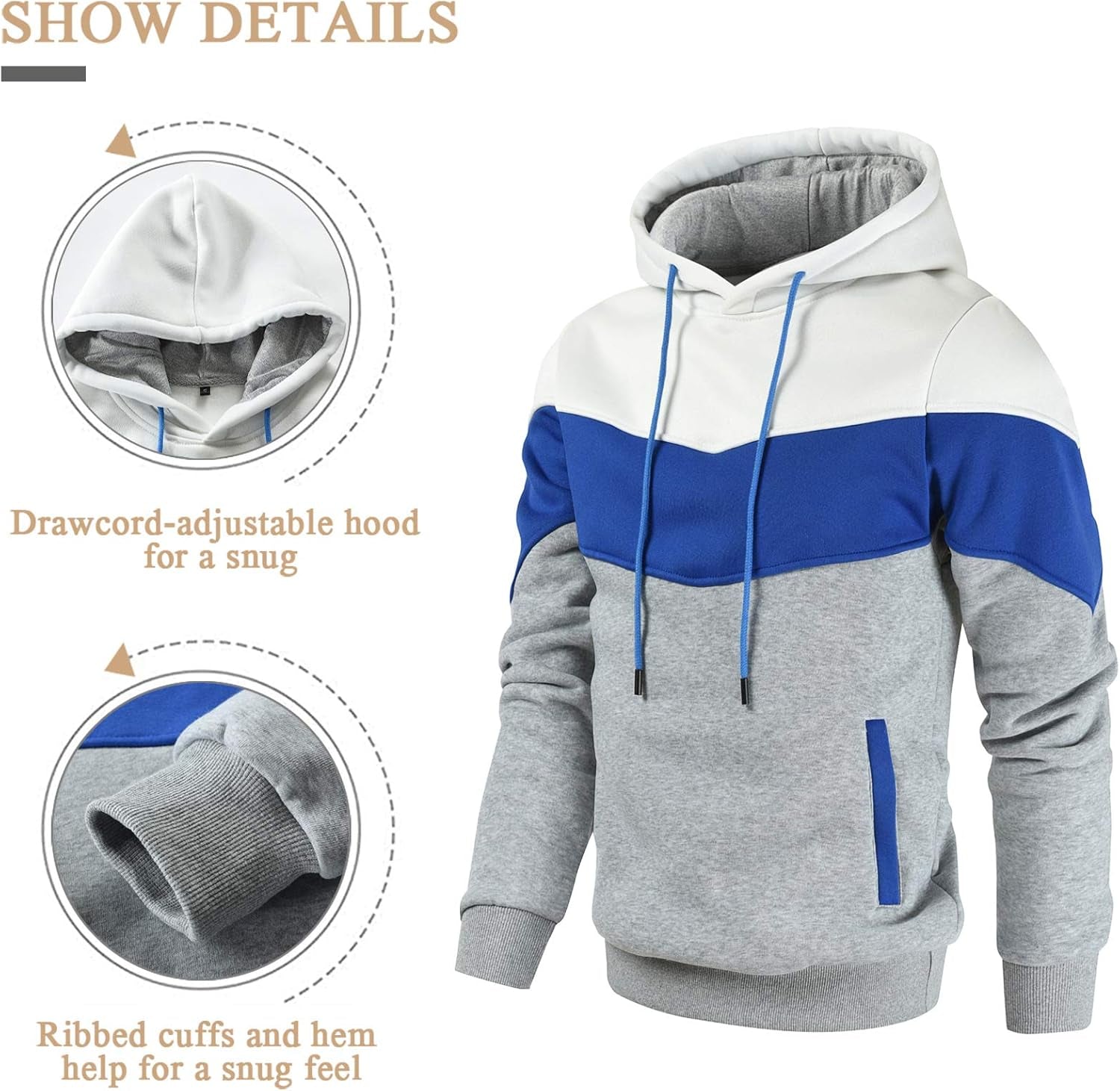 Men'S Novelty Color Block Pullover Fleece Hoodie Long Sleeve Casual Sweatshirt with Pocket