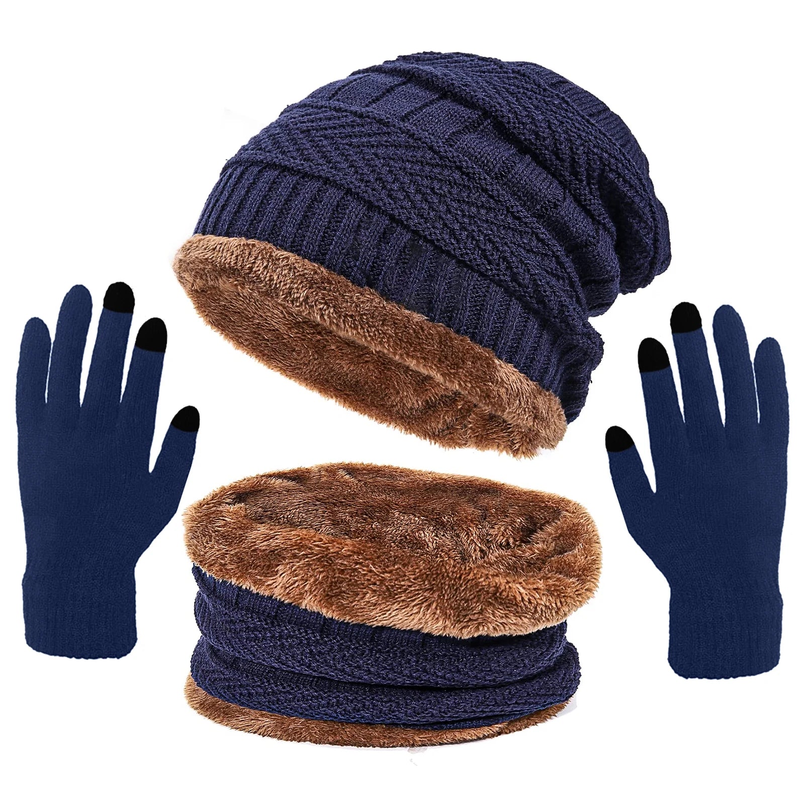 3 Pcs Winter Beanie Hat Scarf Gloves Set for Men Women, Thick Warm Cap Neck Scarf Touchscreen Gloves Fleece Lined Knitted Skull Hat, Blue, Christmas Day Gift