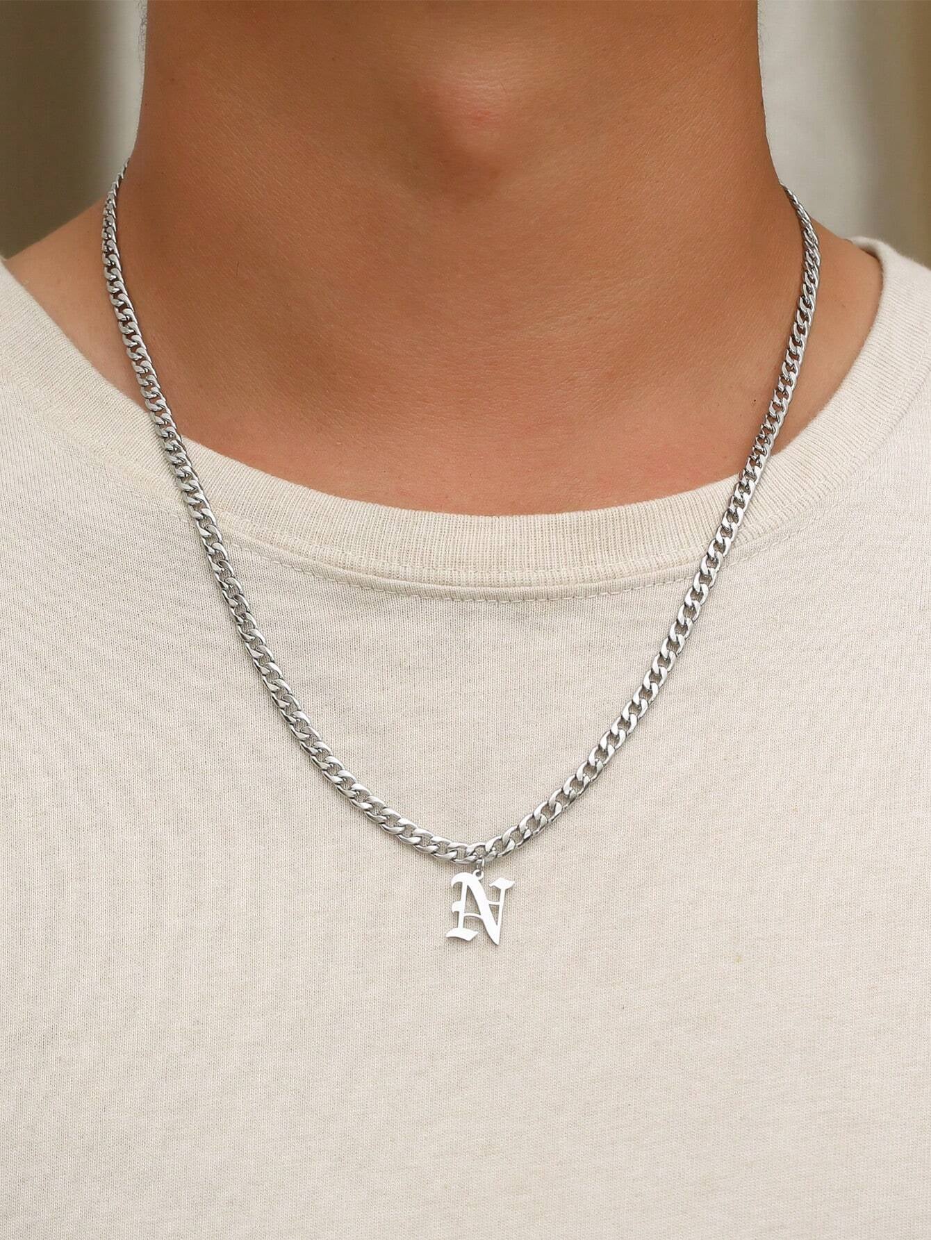 1Pc Charm Fashion 26 Letters Pendant Necklace for Men Stainless Steel Jewelry Accessories for Summer Vacation Travel Beach Party